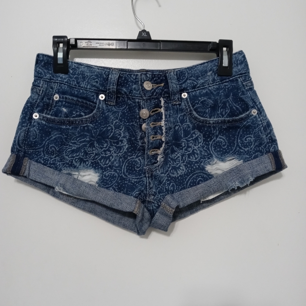 We the Free 24 floral distressed denim Cheeky Button fly shorts folded cuffs NEW